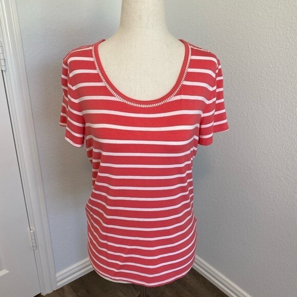 TOMMY HILFIGER ladies top coral cream stripe unique neck detail SP - Picture 1 of 9